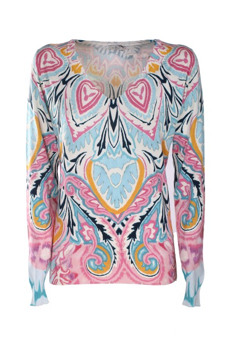 Shop ETRO  Pull: Etro maglia in seta stretch, decorata da motivi floreali quadrifoglio.
Vestibilità slim.
Scollo a V.
Maniche lunghe.
Composizione: 85% seta, 15% elastan.
Made in Italy.. 19659 9784-0260